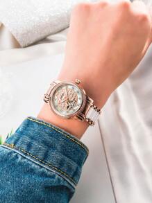 Rhinestone Decor Hollow Out Mechanical Watch