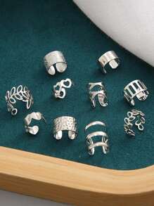 1 Set Leaf & Heart Asymmetrical Pattern Ear Cuff Earrings, Soft Cartilage Clip-On Earrings, Gift For Women - Silver - View 2