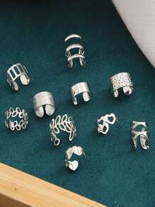 1 Set Leaf & Heart Asymmetrical Pattern Ear Cuff Earrings, Soft Cartilage Clip-On Earrings, Gift For Women - Silver - View 4