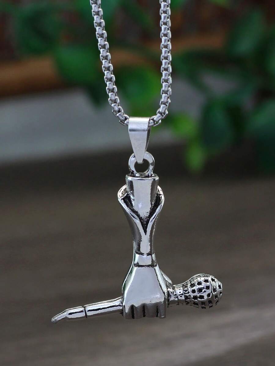 男士麥克風吊墜項鍊 - 復古銀色 - 查看 1