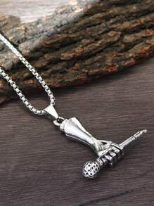 男士麥克風吊墜項鍊 - 復古銀色 - 查看 2