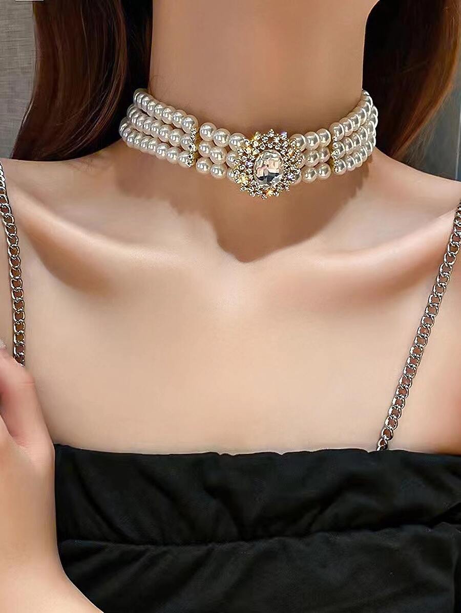 1 chiếc vòng cổ quyến rũ đính đá & ngọc trai giả trang trí vòng cổ cho phụ nữ để trang trí hàng ngày - Vàng - Xem 1