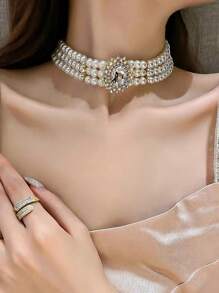 1 chiếc vòng cổ quyến rũ đính đá & ngọc trai giả trang trí vòng cổ cho phụ nữ để trang trí hàng ngày - Vàng - Xem 2