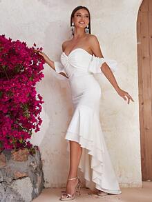 YISIKADO Đầm Cao thấp phân lớp Dây kéo màu trơn Thanh lịch - trắng - Xem 3