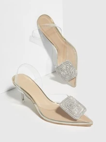 女士水鑽裝飾細跟魅力四射TPR聚氨酯露跟鞋 - 無色 - 查看 4