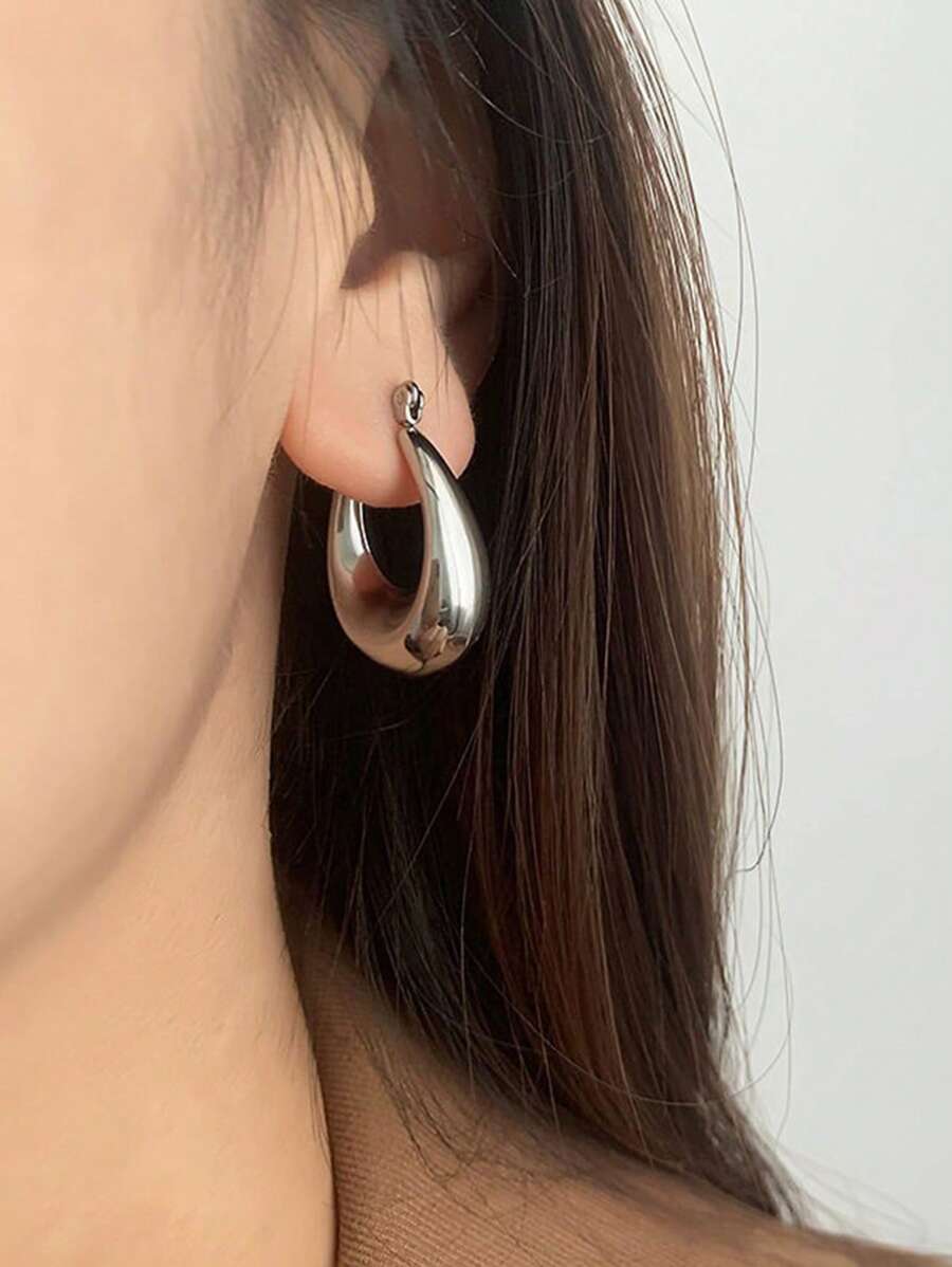 1對時尚極簡圓耳環適合女士日常裝飾 - 銀色 - 查看 1