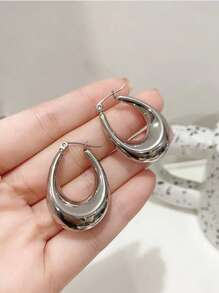1對時尚極簡圓耳環適合女士日常裝飾 - 銀色 - 查看 2