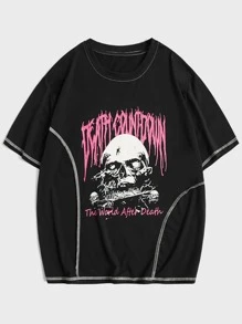 ROMWE MEN Các bạn Áo thun Bông Lá thư & In Đầu lâu Khâu trên cùng - màu đen - Xem 1