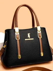 Medium Square Bag Litchi Embossed Metal Decor Elegant For Teen Girls Women College Students,Rookies & White-collar Workers Perfect for Office,Work ,Business,Commute Best Work Bag for Women - Black - View 1