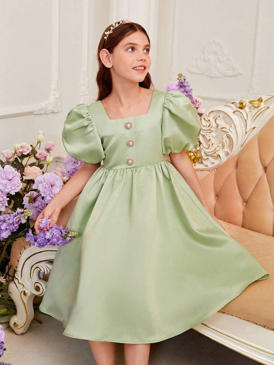 SHEIN Đầm Gái Dây kéo Nút phía trước màu trơn Buổi tiệc - Màu xanh Bạc hà - Xem 1