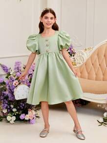SHEIN Đầm Gái Dây kéo Nút phía trước màu trơn Buổi tiệc - Màu xanh Bạc hà - Xem 3