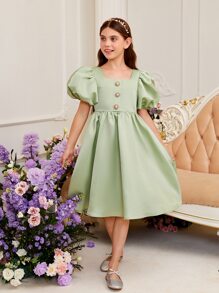 SHEIN Đầm Gái Dây kéo Nút phía trước màu trơn Buổi tiệc - Màu xanh Bạc hà - Xem 4