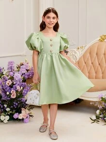 SHEIN Đầm Gái Dây kéo Nút phía trước màu trơn Buổi tiệc - Màu xanh Bạc hà - Xem 5