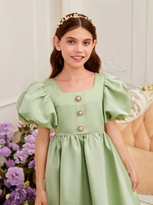 SHEIN Đầm Gái Dây kéo Nút phía trước màu trơn Buổi tiệc - Màu xanh Bạc hà - Xem 6