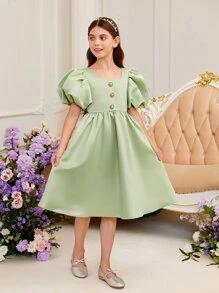 SHEIN Đầm Gái Dây kéo Nút phía trước màu trơn Buổi tiệc - Màu xanh Bạc hà - Xem 7