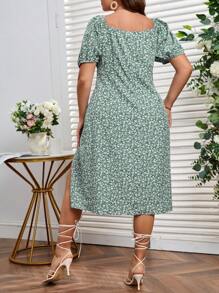 Dreamara 大碼碎花前打結高衩洋裝 - 薄荷綠 - 查看 2