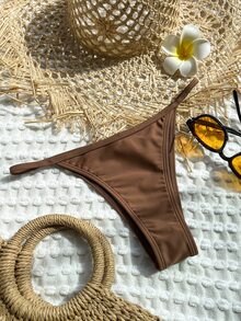 夏季纯色丁字裤比基尼泳裤 - 咖啡棕 - 查看 2