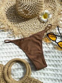 夏季纯色丁字裤比基尼泳裤 - 咖啡棕 - 查看 3
