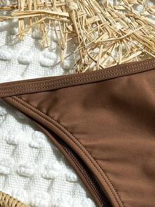 夏季纯色丁字裤比基尼泳裤 - 咖啡棕 - 查看 5