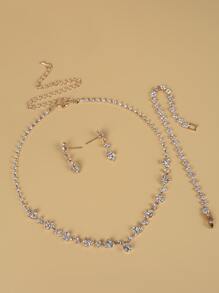 Conjunto de joyas de 4 piezas con diamantes de imitación para mujeres, que incluye collar, aretes y pulsera para bodas y fiestas - Plateado - Ver 13