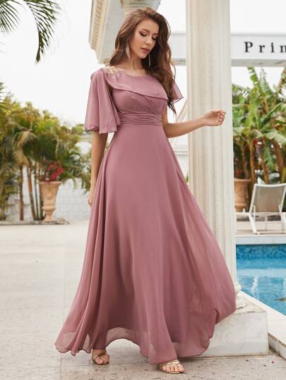 Butterfly Sleeve Chiffon Bridesmaid Dress Flowy Dress Elegant Dress
