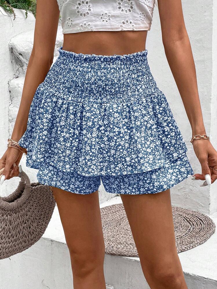 SHEIN Holidaya Ditsy Floral Print Paperbag Waist Skort - Blue and White - View 1