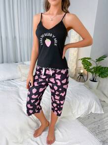 Strawberry & Letter Graphic PJ Set - Multicolor - View 4
