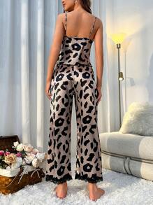 Allover Print Contrast Lace Satin Cami Top & Trousers PJ Set - Multicolor - View 2