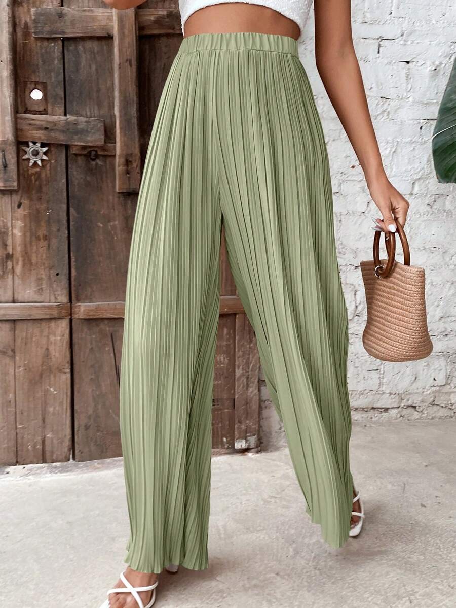 Breezaya 素色褶皺闊腿褲 - 綠色 - 查看 1