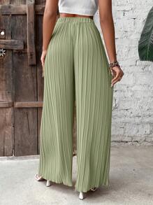 Breezaya 素色褶皺闊腿褲 - 綠色 - 查看 2