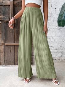 Breezaya 素色褶皺闊腿褲 - 綠色 - 查看 3