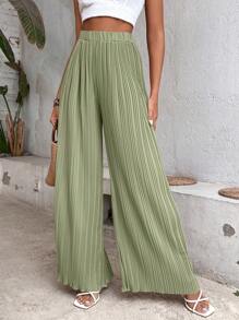 Breezaya 素色褶皺闊腿褲 - 綠色 - 查看 6