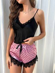 SHEIN Conjunto de pijama con top de satén con ribete de encaje y shorts con estampado de lunares - Multicolor - Ver 5