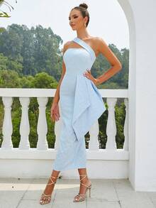 One Shoulder Draped Detail Split Back Dress - Baby Blue - View 5