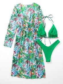 熱帶圖案掛脖三角杯比基尼泳裝附和服 - 綠色 - 查看 2