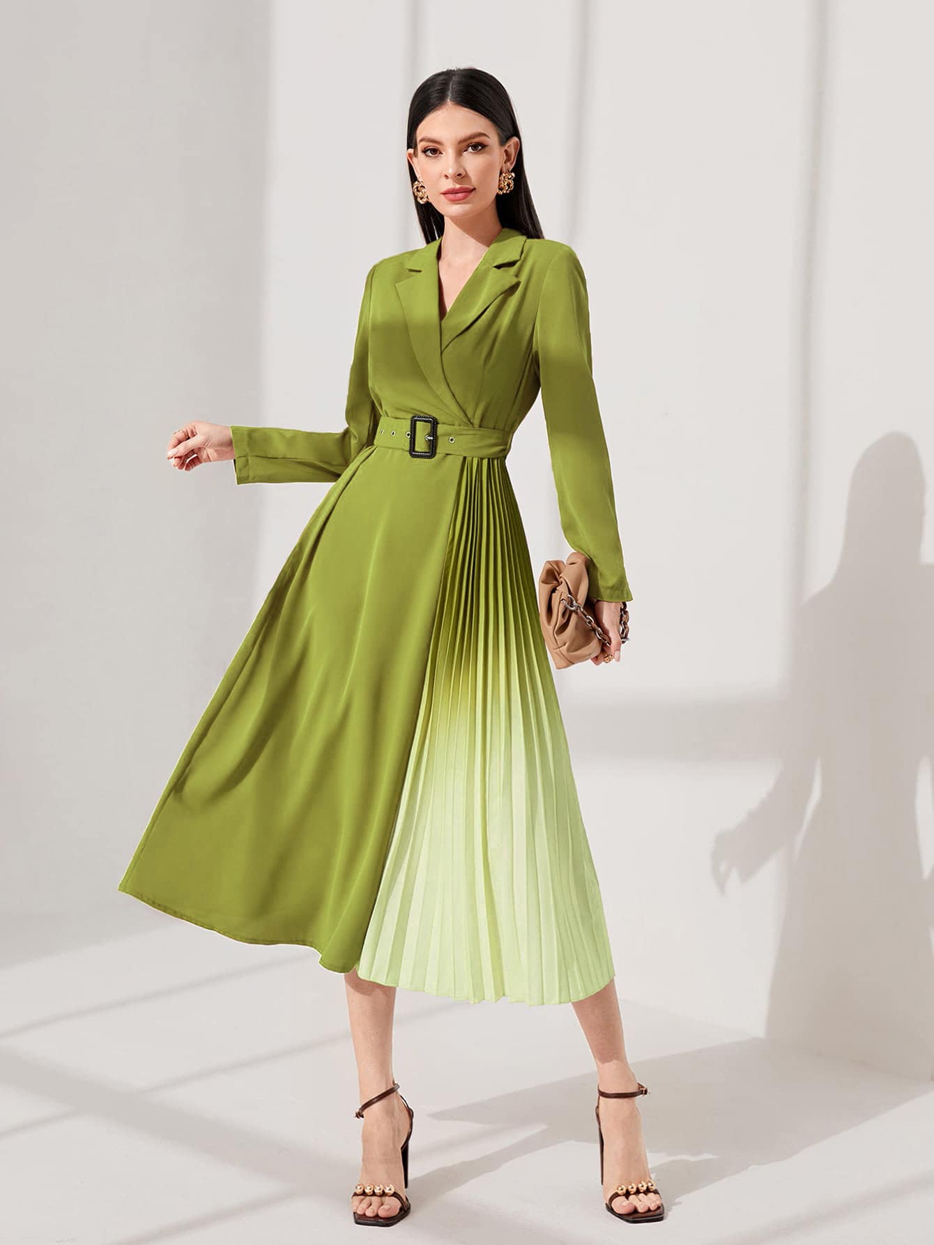 Modelyn Ombre Lapel Neck Pleated Hem Belted Dress - Mint Green - View 1