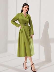 Modelyn Ombre Lapel Neck Pleated Hem Belted Dress - Mint Green - View 4