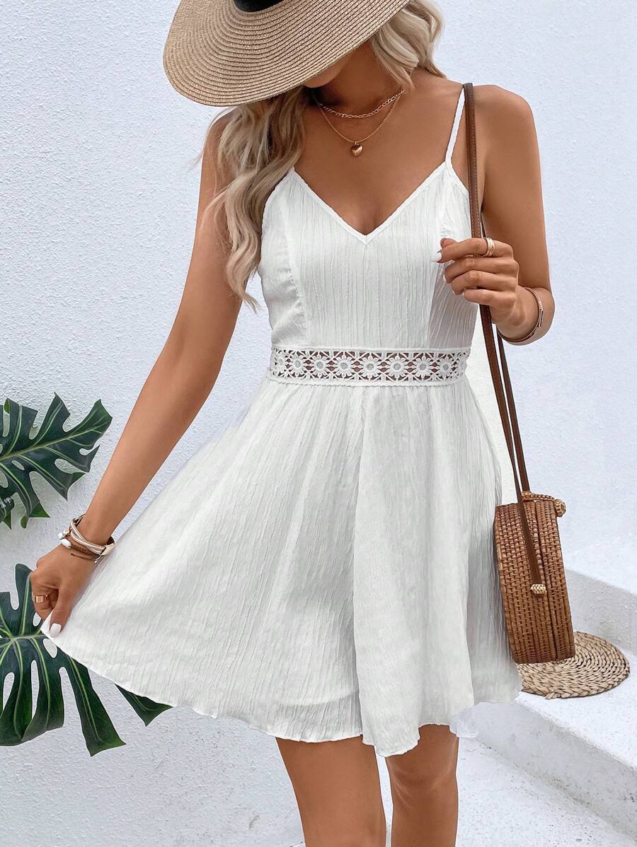 Breezaya Guipure Lace Insert Cami Romper - White - View 1