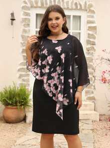 Nemidor Plus Floral Print Contrast Mesh Dress - Black - View 1