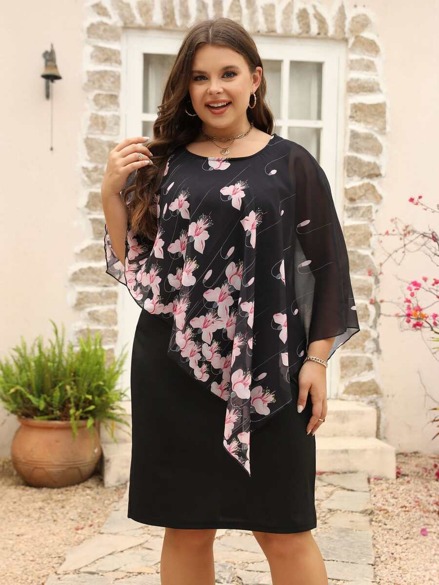 Nemidor Plus Floral Print Contrast Mesh Dress - Black - View 1