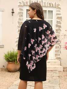 Nemidor Plus Floral Print Contrast Mesh Dress - Black - View 2