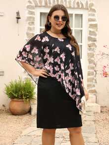 Nemidor Plus Floral Print Contrast Mesh Dress - Black - View 4
