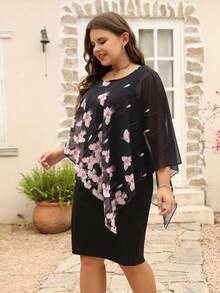 Nemidor Plus Floral Print Contrast Mesh Dress - Black - View 5