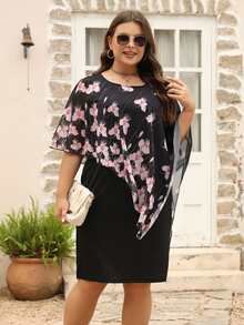 Nemidor Plus Floral Print Contrast Mesh Dress - Black - View 6