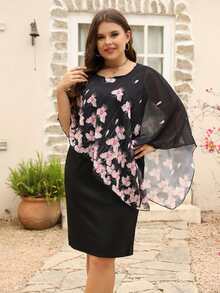 Nemidor Plus Floral Print Contrast Mesh Dress - Black - View 7