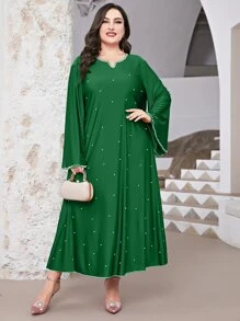 Al Najma Plus Pearls Beaded Notched Neckline Trumpet Sleeve Dress - Green - View 1