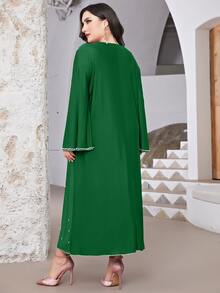 Al Najma Plus Pearls Beaded Notched Neckline Trumpet Sleeve Dress - Green - View 2