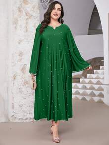 Al Najma Plus Pearls Beaded Notched Neckline Trumpet Sleeve Dress - Green - View 3