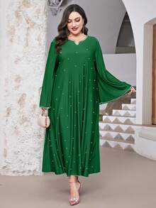 Al Najma Plus Pearls Beaded Notched Neckline Trumpet Sleeve Dress - Green - View 4