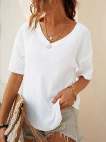 CILKOO Áo thun nữ màu trơn Giải trí - trắng - Xem 3